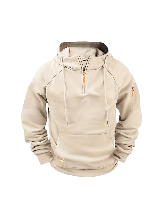 Men's Cargo Hoodies Quarter Zip Sweatshirts Tactical Pullover Casual Gym Athletic Loose Hooded Sweatshirts with Pockets Khaki M