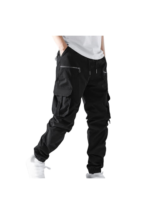 Men's Casual Cargo Sweatpants Waist Drawstring Joggers Hiking Tactical Pants for Men with Zipper Pockets Black L