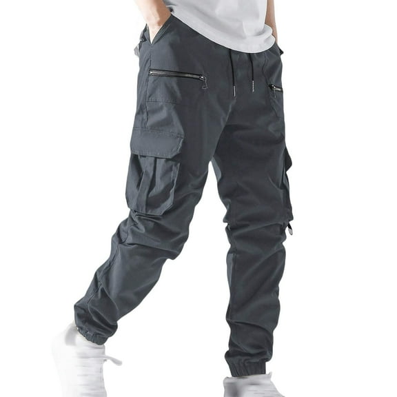 Resicozy Men's Casual Cargo Sweatpants Waist Drawstring Joggers Hiking Tactical Pants for Men with Zipper Pockets Dark Gray L