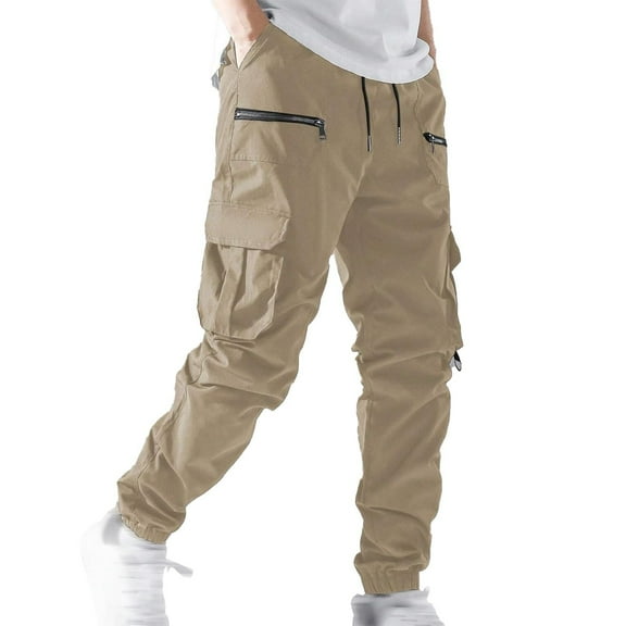 Resicozy Men's Casual Cargo Sweatpants Waist Drawstring Joggers Hiking Tactical Pants for Men with Zipper Pockets Khaki L