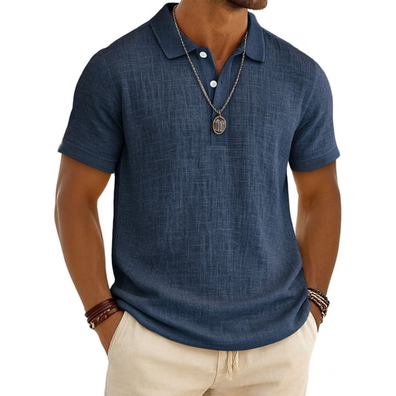 Resicozy Men's Casual Polo Shirts Short Sleeve Classic Linen Basic Tee Button Collar Shirt Summer Golf T-Shirt Navy 2XL