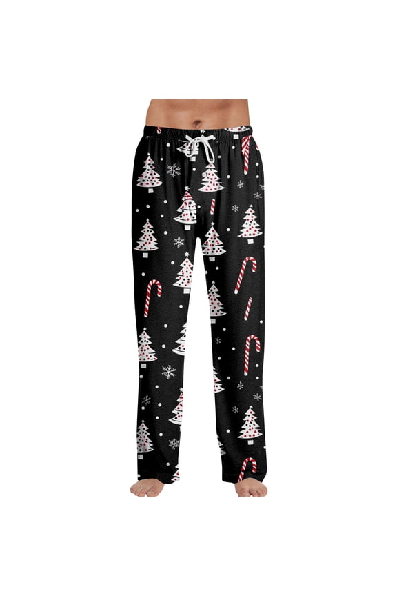 Men's Christmas Pajama Pants Casual Drawstring Elastic Waist Wide Leg Pant Comfy Straight Pajamas Trousers Black XXL