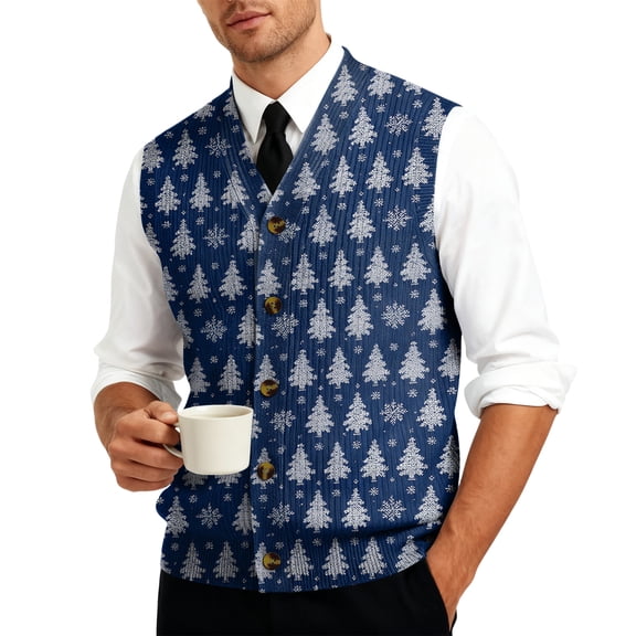 Resicozy Men's Christmas Sweater Vest V-Neck Casual Xmas Print Sleeveless Knitted Button Cardigan Vest Royal Blue 2XL
