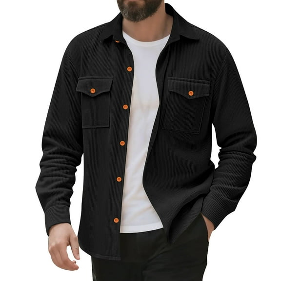 Resicozy Men's Corduroy Button Down Shirts Solid Color Jacket Casual Long Sleeve Lightweight Overshirts with Flap Pockets Black L