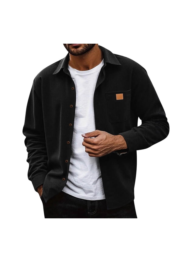 Men's Corduroy Button Down Shirts Solid Color Jackets Casual Long Sleeve Lightweight Overshirts with Flap Pocket Black L