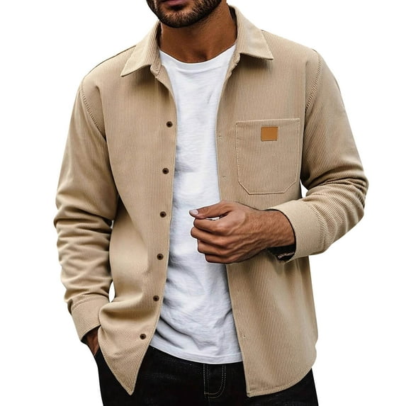 Resicozy Men's Corduroy Button Down Shirts Solid Color Jackets Casual Long Sleeve Lightweight Overshirts with Flap Pocket Khaki M