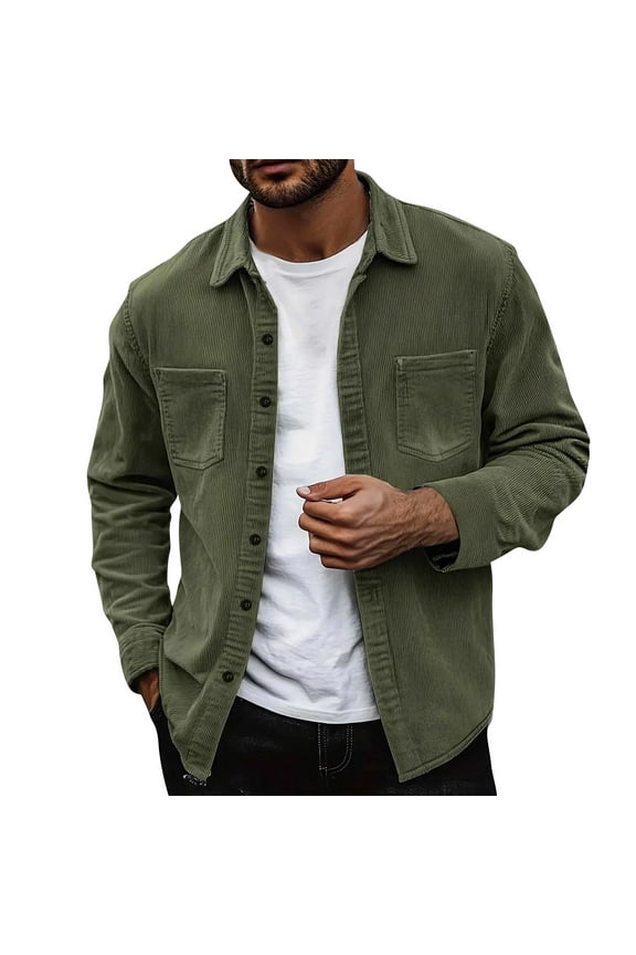 Men's Corduroy Button Down Shirts Solid Color Jackets Casual Long Sleeve Lightweight Overshirts with Flap Pockets Army Green XL