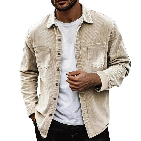 Resicozy Men's Corduroy Button Down Shirts Solid Color Jackets Casual Long Sleeve Lightweight Overshirts with Flap Pockets Beige 2XL