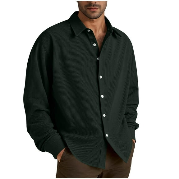 Resicozy Men's Corduroy Shirt Casual Solid Color Long Sleeve Button Down Lightweight Fashion Jacket Green XL
