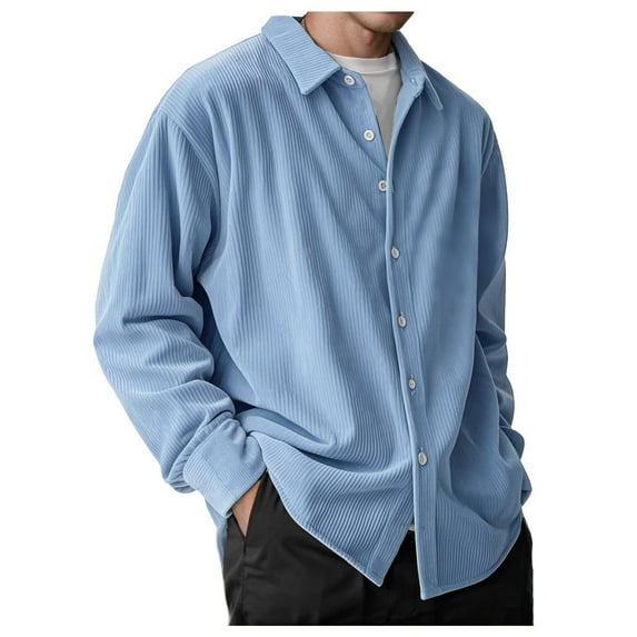 Resicozy Men's Corduroy Shirt Casual Solid Color Long Sleeve Button Down Lightweight Fashion Jacket Sky Blue L