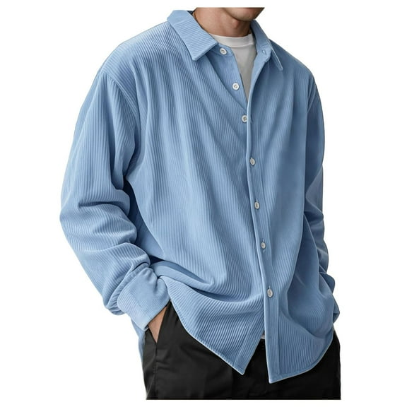 Resicozy Men's Corduroy Shirt Casual Solid Color Long Sleeve Button Down Lightweight Fashion Jacket Sky Blue L