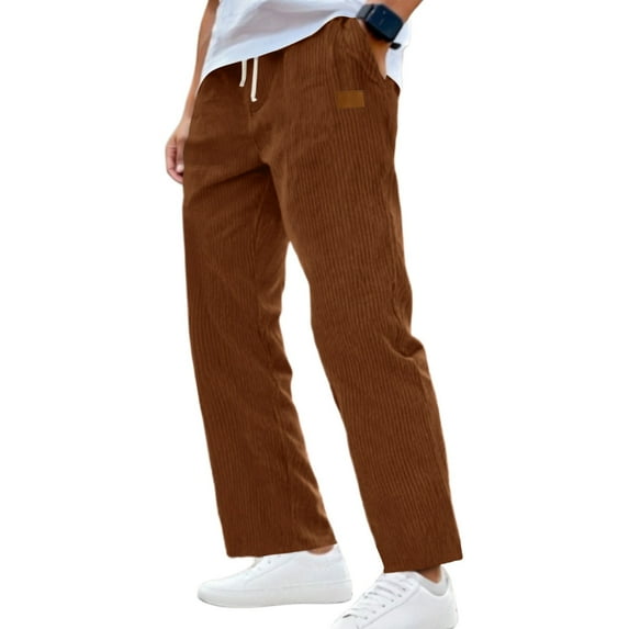 Resicozy Men's CorduroyPants Tie Front Drawstring Waist Baggy Pants Casual Loose Straight Leg Pant Trousers with Pockets Brown 3XL