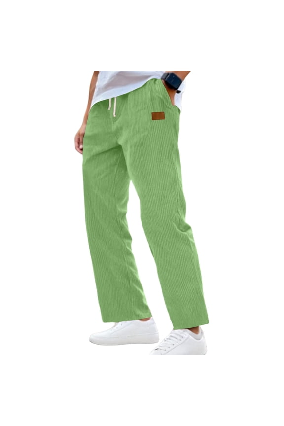 Men's CorduroyPants Tie Front Drawstring Waist Baggy Pants Casual Loose Straight Leg Pant Trousers with Pockets Light Green M