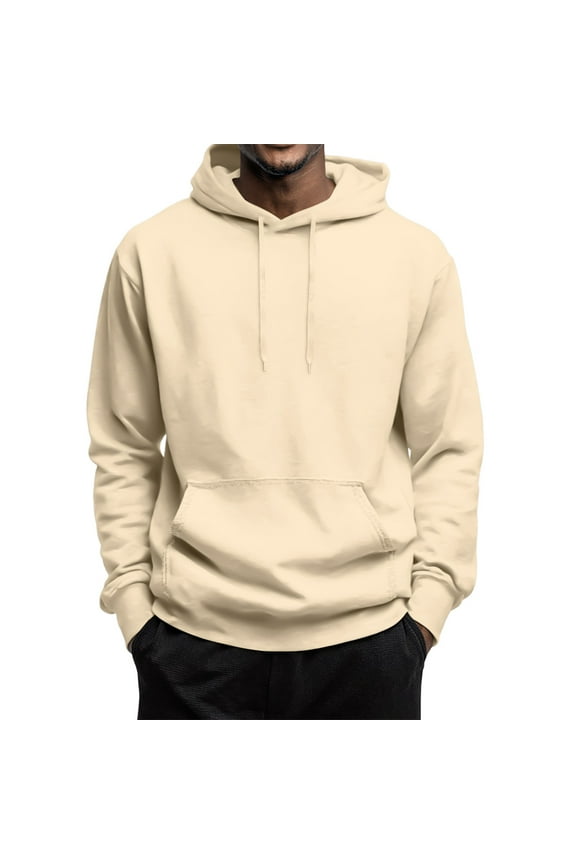 Men's Fashion Pullover Hoodie Loose Fit Solid Color Soft Drawstring Hooded Sweatshirt With Pockets Beige M