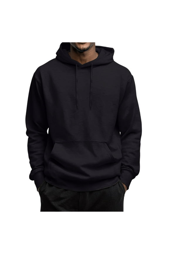 Men's Fashion Pullover Hoodies Loose Fit Solid Color Soft Drawstring Hooded Sweatshirt With Pockets Black 2XL