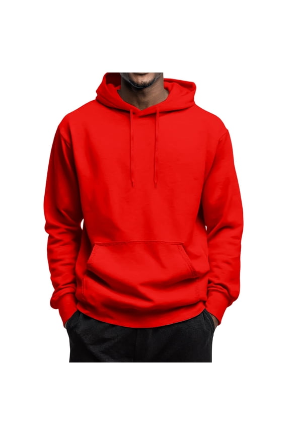 Men's Hooded Pullover Casual Solid Color Long Sleeve Drawstring Fashion Gym Hoodies Sweatshirts with Pocket Red M