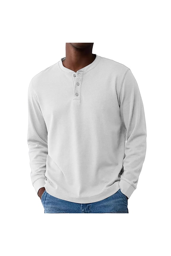 Men's Henley Shirts Long Sleeve Fashion Lightweight Button Plain T-Shirt Casual Basic Tee Top White L