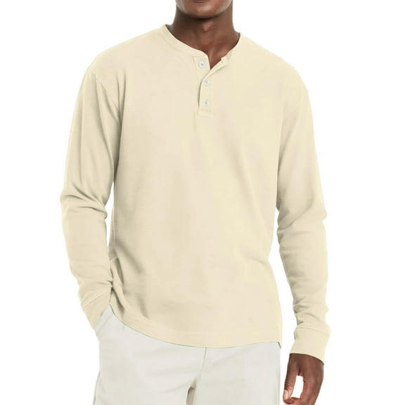 Resicozy Men's Henley Shirts Long Sleeve Fashion Lightweight Button Plain T-Shirt Casual Basic Tee Tops Beige M