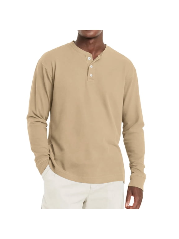 Men's Henley Shirts Long Sleeve Fashion Lightweight Button Plain T-Shirt Casual Basic Tee Tops Khaki 2XL