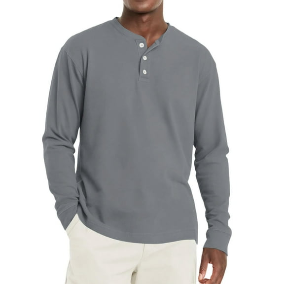 Resicozy Men's Henley Shirts Long Sleeve Fashion Lightweight Button Plain T-Shirt Casual Basic Tees Top Gray XL