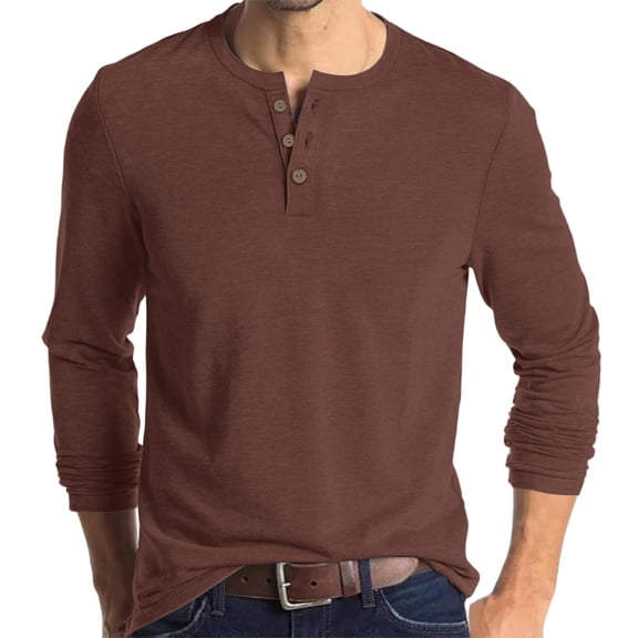 Resicozy Men's Henley Shirts Long Sleeve T-Shirts Casual Fashion Pullover Shirt Soft Stretch Basic Tee Fall Top Brown 3XL