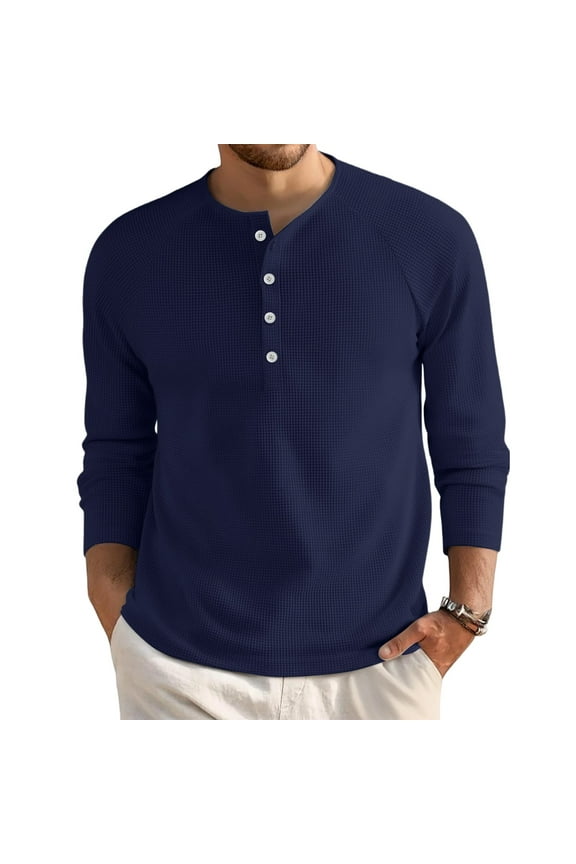 Men's Henley Shirts Waffle Knitted Long Sleeve Lightweight Button T Shirts Fashion Fall Clothes Navy L