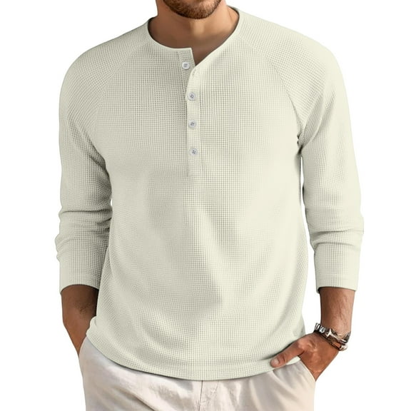 Resicozy Men's Henley Shirts Waffle Knitted Long Sleeve Lightweight Button T Shirts Fashion Fall Clothes White M