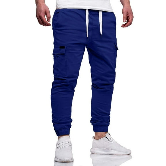 Resicozy Men's Hiking Cargo Pants Joggers Slim Fit Stretch Lightweight Casual Work Pants with Pockets Elastic Drawstring Waist Royal Blue L