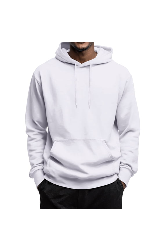 Men's Hooded Pullover Casual Solid Color Long Sleeve Drawstring Fashion Gym Hoodies Sweatshirts with Pocket White 2XL