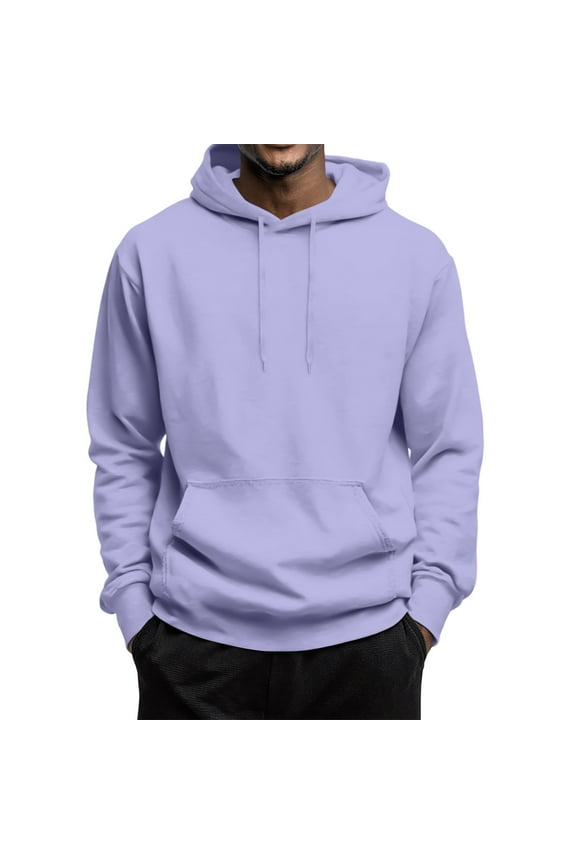 Men's Hoodies Pullover Solid Color Hoodie Casual Long Sleeve Drawstring Hooded Sweatshirts with Pocket Light Purple XL