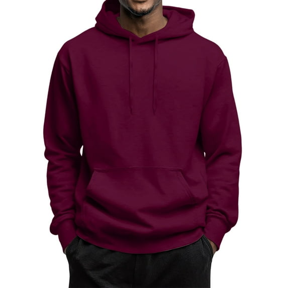 Resicozy Men's Hoodies Pullover Solid Color Hoodies Casual Long Sleeve Drawstring Hooded Sweatshirts with Pocket Wine 3XL