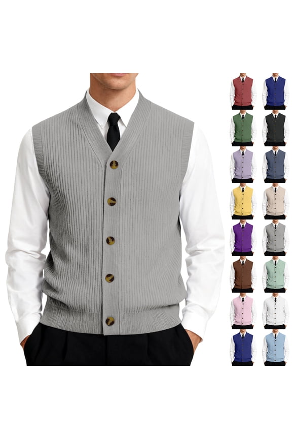 Men's Knit Sweater Vest Solid Color V Neck Button Down Sleeveless Cardigan Vest Pink L