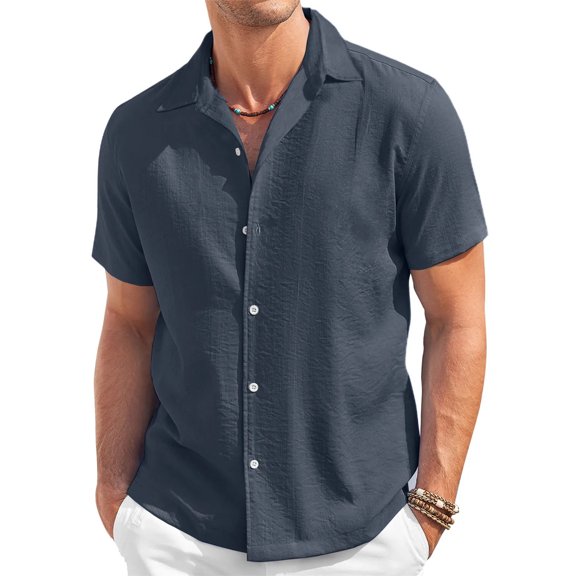 Resicozy Men's Linen Shirts Short Sleeve Casual Shirt Oversized Summer Spring Lightweight Button Down Beach Tops Dark Blue 2XL