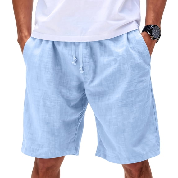 Resicozy Men's Linen Shorts Casual Elastic Waist Drawstring Summer Beach Vacation Yoga Golf Shorts Trendy Plain Pant with Pockets Light Blue XL