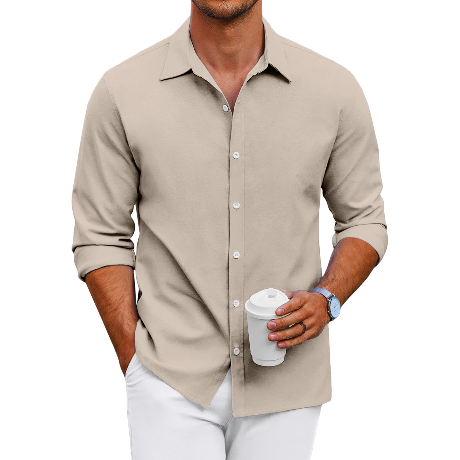 khaki color dress shirt Solid Color Short Sleeve Button Up Shirt- Khaki