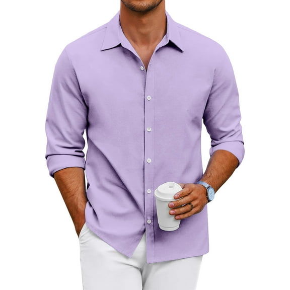 Resicozy Men's Long Sleeve Button Down Shirts Casual Fashion Dress Shirt Beach Wedding Solid Color Shirts Light Purple 2XL
