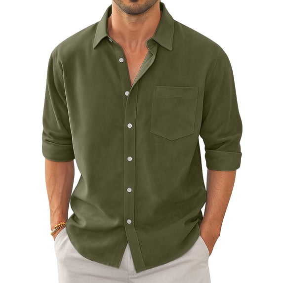 Resicozy Men's Long Sleeve Button Down Shirts Casual Fashion Dress Shirt Beach Wedding Solid Color Shirts with Pockets Army Green XL
