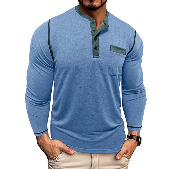 Resicozy Men's Long Sleeve Henley Shirts Big and Tall Button V-Neck T-Shirts Classic Causal Solid Color Tops with Pockets Light Blue XL
