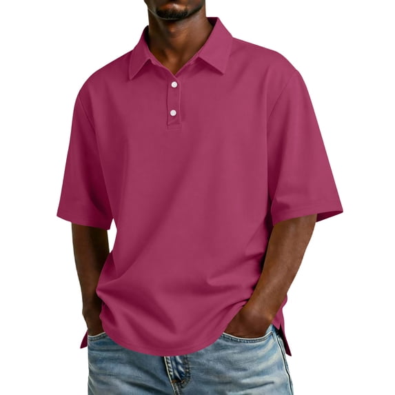 Resicozy Men's Polo Shirts Short Sleeve Button Down Golf Classic Fit Casual Fashion Solid Color T-Shirt Hot Pink L