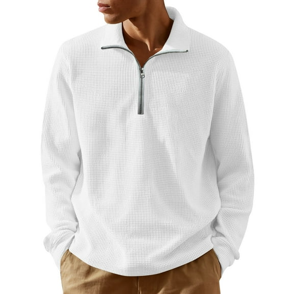 Resicozy Men's Quarter Zip Pullover Dress Slim Fit Plain Sweater Mock Neck Sweaters Casual Long Sleeve Pullovers White M