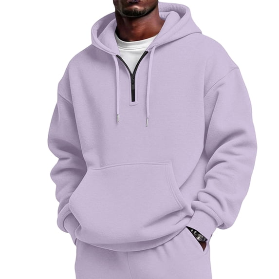 Resicozy Men's Quarter Zip Pullover Hoodies Half Zip Hoodie Long Sleeve Drawstring Hoodie Casual 1/4-Zip Sweatshirt with Pockets Light Purple 3XL