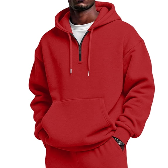 Resicozy Men's Quarter Zip Pullover Hoodies Half Zip Hoodie Long Sleeve Drawstring Hoodie Casual 1/4-Zip Sweatshirt with Pockets Red 3XL