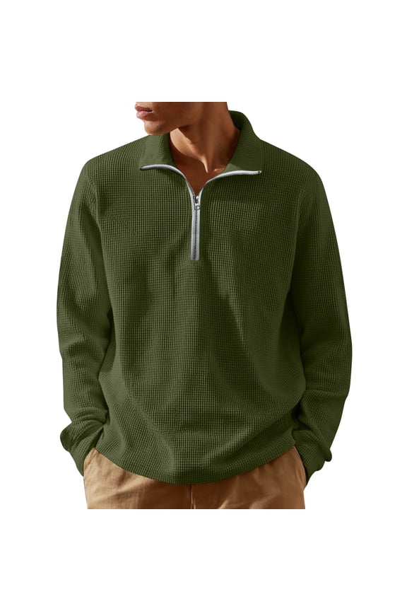 Men's Quarter Zip Sweaters Zip Up Casual Solid Color Pullover Waffle Mock Neck Turtleneck Army Green 2XL