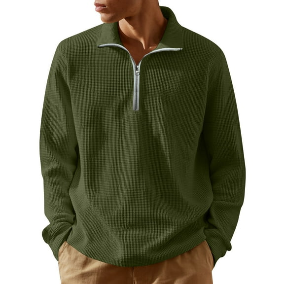 Resicozy Men's Quarter Zip Sweaters Zip Up Casual Solid Color Pullover Waffle Mock Neck Turtleneck Army Green M
