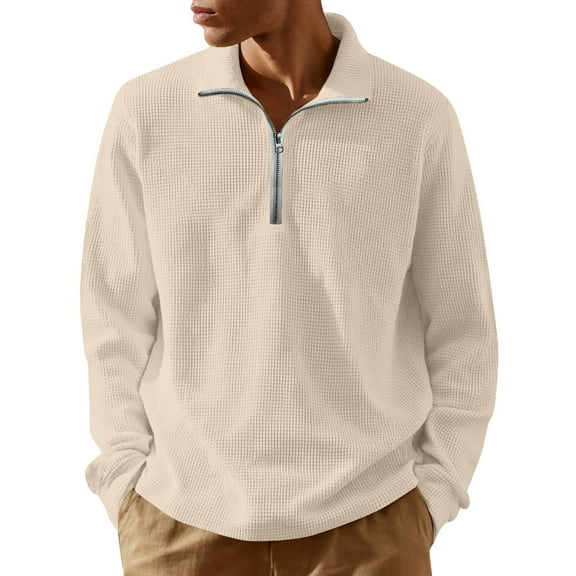Resicozy Men's Quarter Zip Sweaters Zip Up Casual Solid Color Pullover Waffle Mock Neck Turtleneck Khaki M