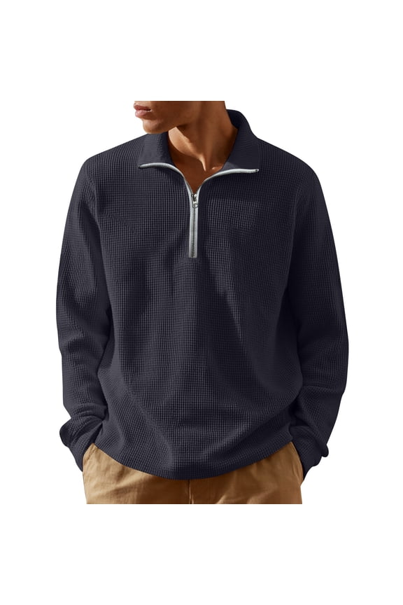Men's Quarter Zip Sweaters Zip Up Casual Solid Color Pullover Waffle Mock Neck Turtleneck Navy XL