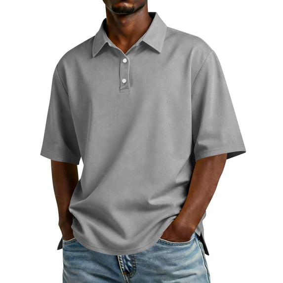 Resicozy Men's Short Sleeve Polo Shirts Casual Summer Classic Collared Button Down Shirt Solid Color Tops Gray 2XL