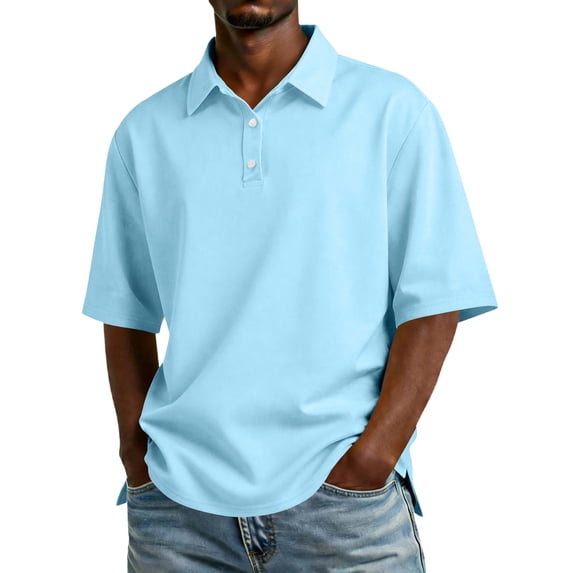 Resicozy Men's Short Sleeve Polo Shirts Casual Summer Classic Collared Button Down Shirt Solid Color Tops Light Blue 3XL
