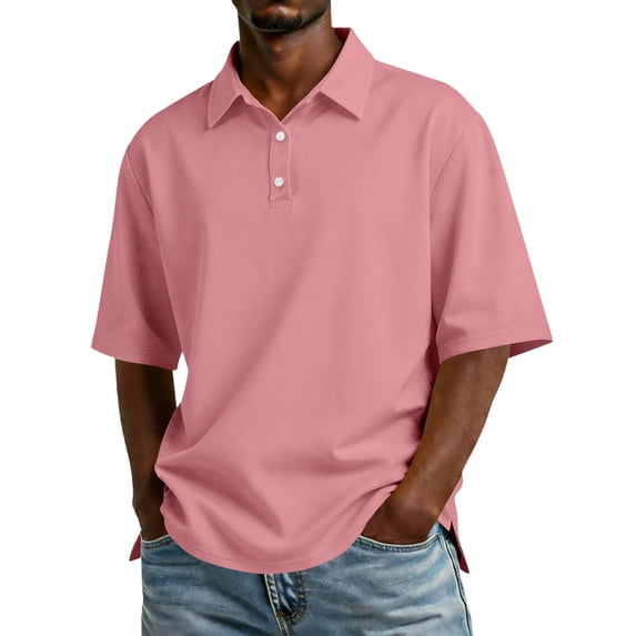 Resicozy Men's Short Sleeve Polo Shirts Casual Summer Classic Collared Button Down Shirt Solid Color Tops Watermelon Red 2XL
