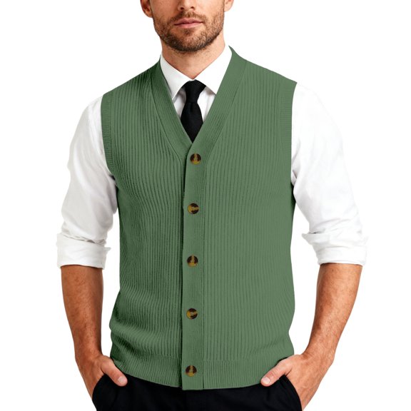Resicozy Men's Sleeveless Sweater Vest V-Neck Casual Knit Button Down Solid Color Cardigan Vest Army Green 5XL